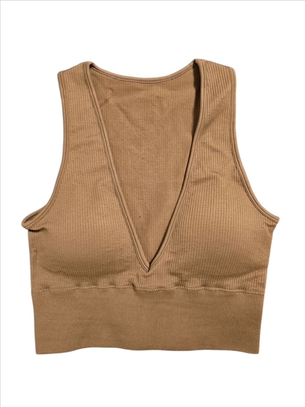 OQQ V-Neck Fitted Crop Top Racerback Ribbed Padded Brown Size S